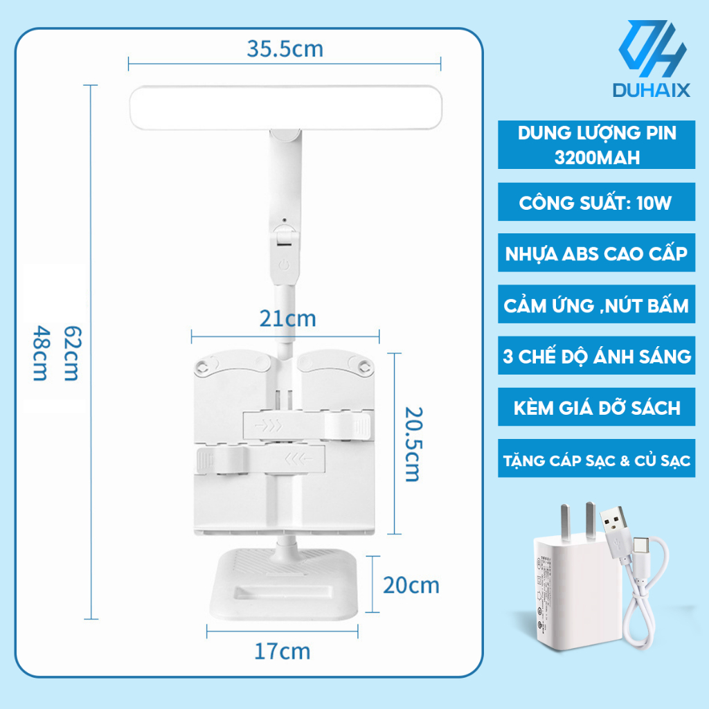 Đèn học để bàn chống cận bảo vệ mắt, Giá kẹp sách, Tích điện 3200mAh, 3 chế độ ánh sáng, ĐC ánh sáng vô cấp, BH 12th