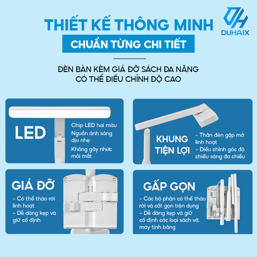 Đèn học để bàn chống cận bảo vệ mắt, Giá kẹp sách, Tích điện 3200mAh, 3 chế độ ánh sáng, ĐC ánh sáng vô cấp, BH 12th
