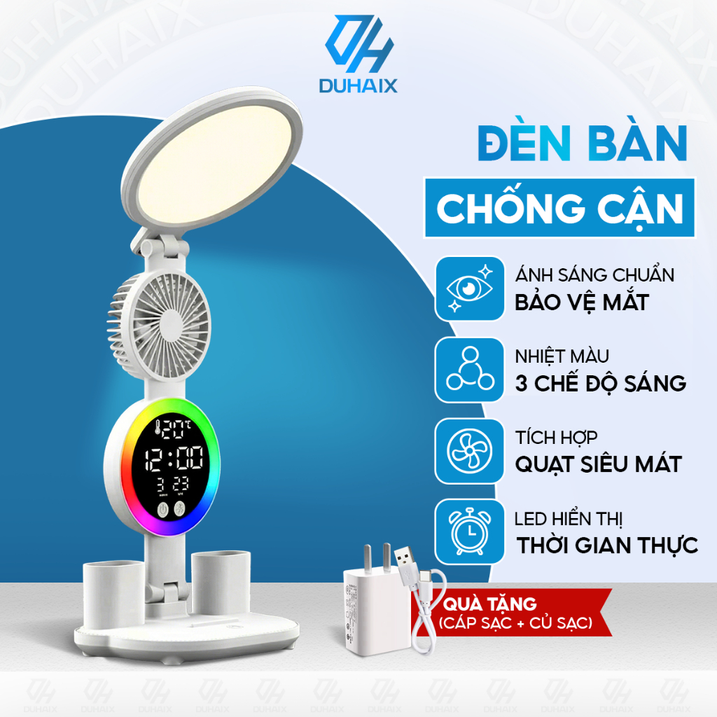 Đèn học để bàn chống cận bảo vệ mắt, Tích điện 3200mAh, 3 chế độ ánh sáng, Tích hợp quạt, Đồng hồ, Hộp bút, BH 12th