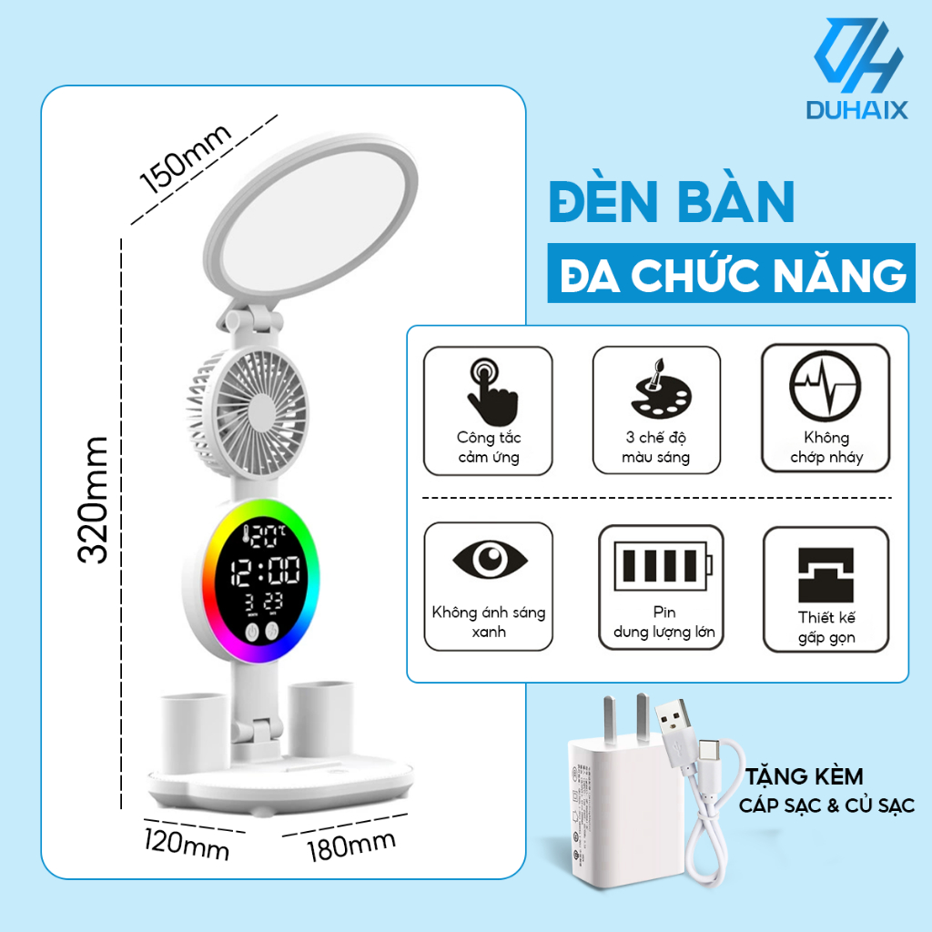 Đèn học để bàn chống cận bảo vệ mắt, Tích điện 3200mAh, 3 chế độ ánh sáng, Tích hợp quạt, Đồng hồ, Hộp bút, BH 12th