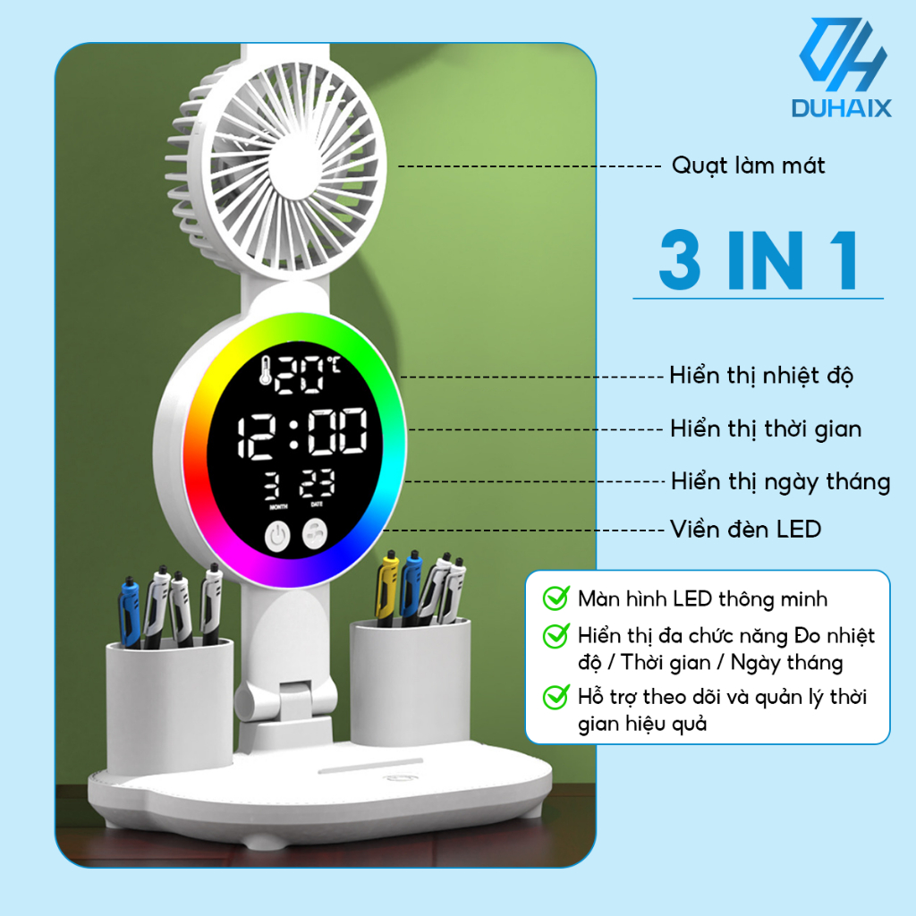 Đèn học để bàn chống cận bảo vệ mắt, Tích điện 3200mAh, 3 chế độ ánh sáng, Tích hợp quạt, Đồng hồ, Hộp bút, BH 12th