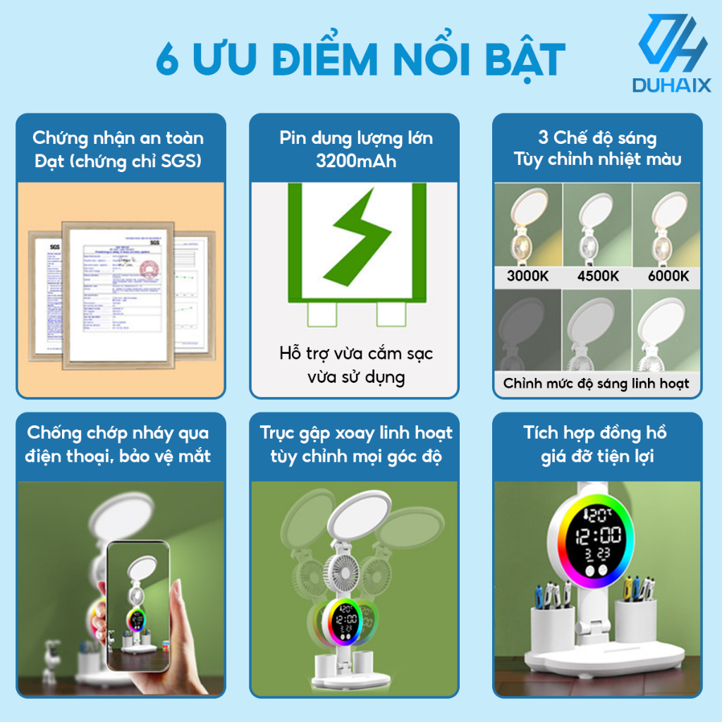 Đèn học để bàn chống cận bảo vệ mắt, Tích điện 3200mAh, 3 chế độ ánh sáng, Tích hợp quạt, Đồng hồ, Hộp bút, BH 12th