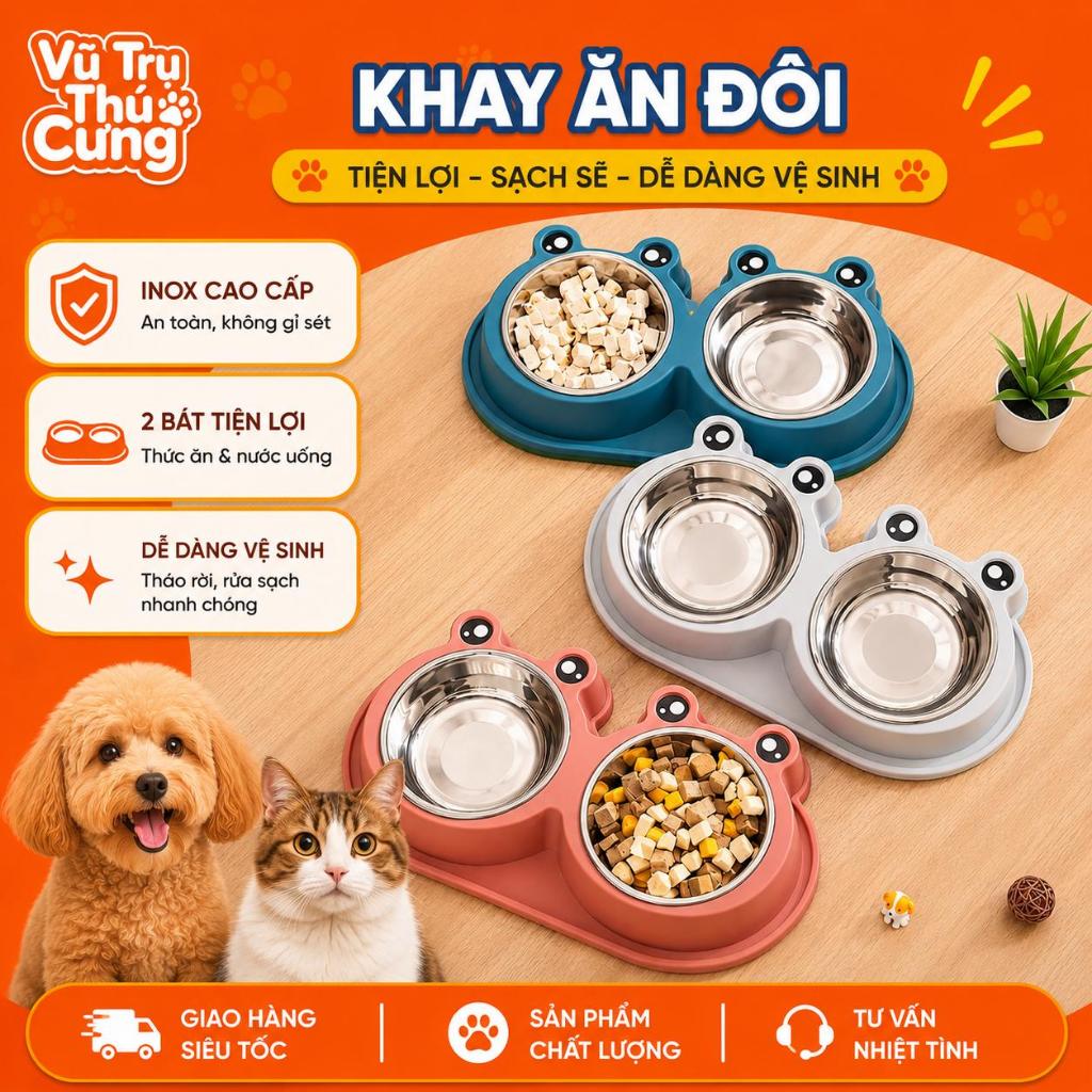 Bát Ăn Đôi Cho Chó Mèo Họa Tiết Con Ếch Dễ Thương