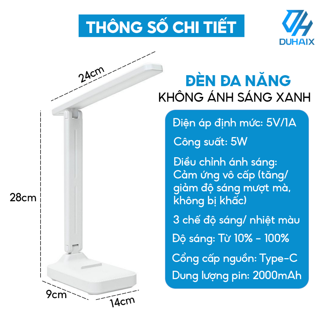 Đèn học để bàn chống cận bảo vệ mắt, Tích điện 2000mAh, 3 chế độ ánh sáng,ĐC ánh sáng 0-100, BH 12th