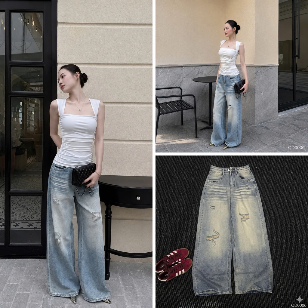 Quần dài jean denim bò ống suông rách bạc Mía QCCC QCL1 QD0006 #2260