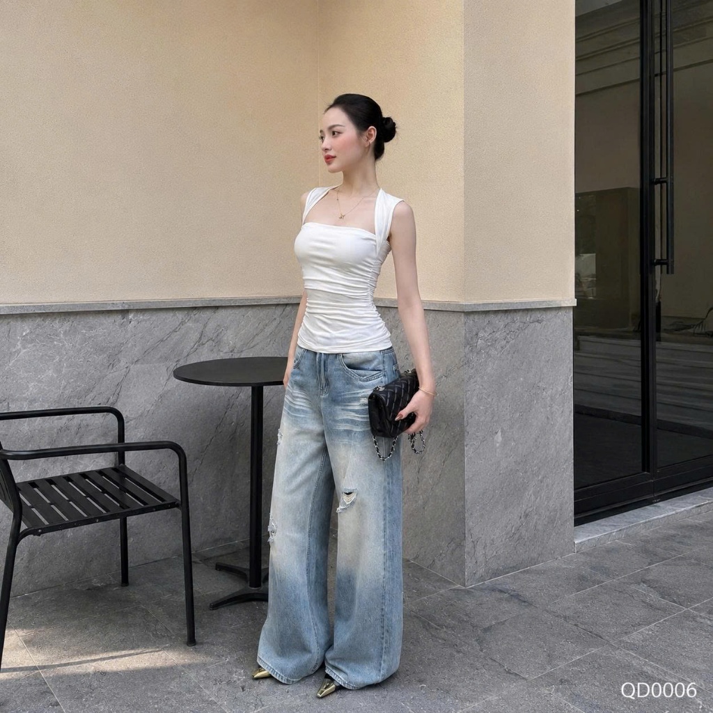 Quần dài jean denim bò ống suông rách bạc Mía QCCC QCL1 QD0006 #2260