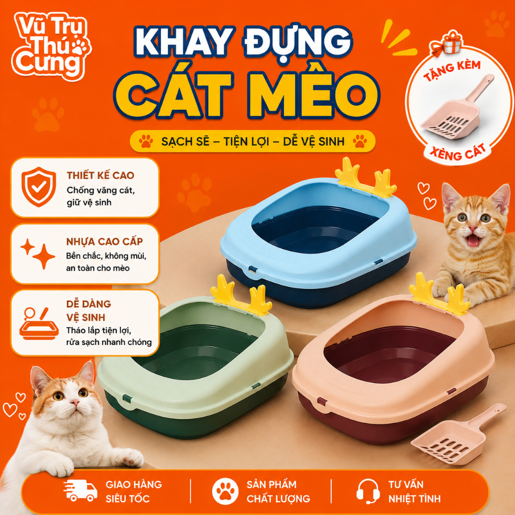 Khay Vệ Sinh Cho Mèo Cao Cấp Kèm Xẻng (mẫu sừng tuần lộc)
