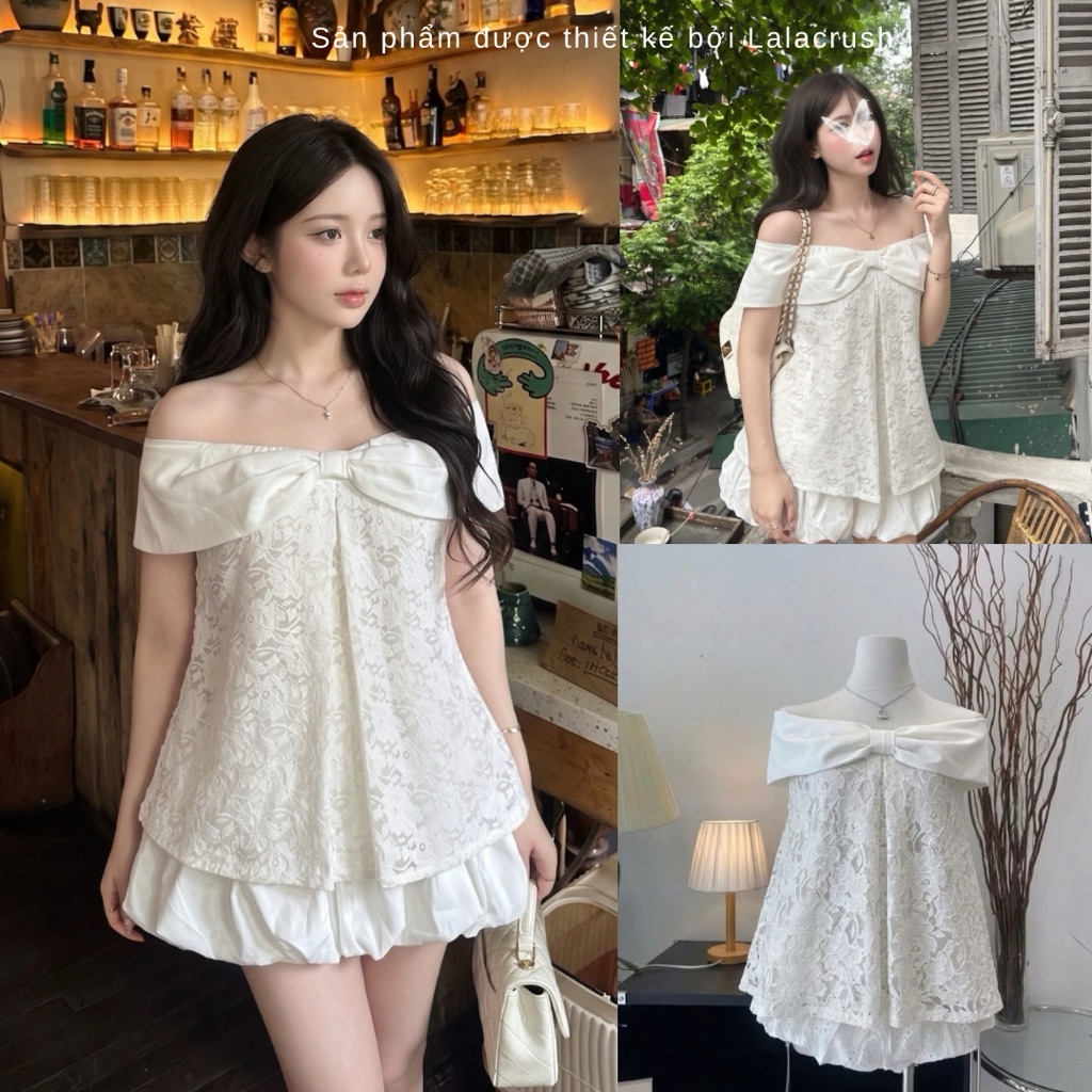 [Celie Set] - Set áo trễ vai trắng kem cổ nơ phối ren mix chân váy bí tiểu thư sang chảnh đi chơi mùa hè 2026 lalacrush