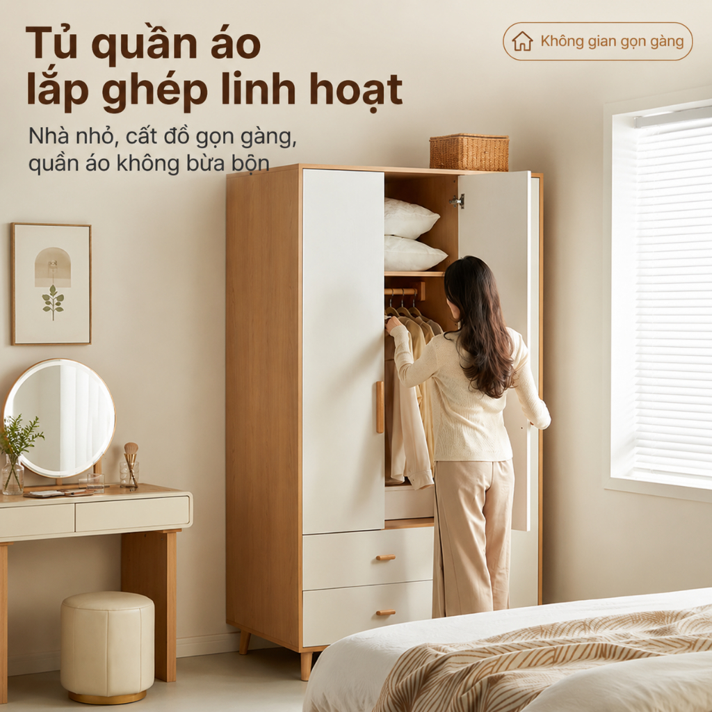 Tủ Quần Áo Gỗ MDF Cao Cấp Hiện Đại CONOCO Tủ Gỗ Đựng Đồ Chia Ngăn Thông Minh Sâu 45cm Cao 180cm