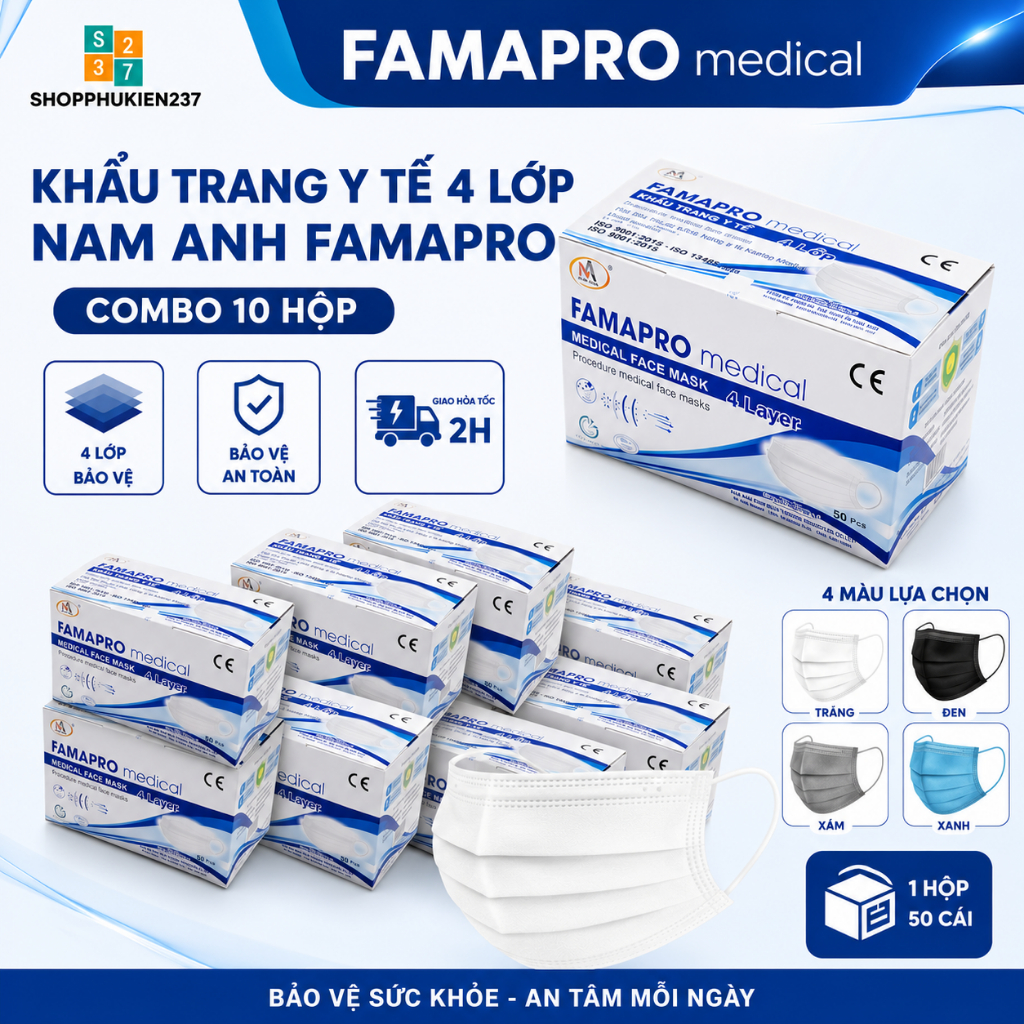 [Combo 10 hộp] Khẩu Trang Y Tế 4 Lớp Cô Gái Nam Anh Famapro (50 Cái/Hộp) che bụi bảo vệ hô hấp