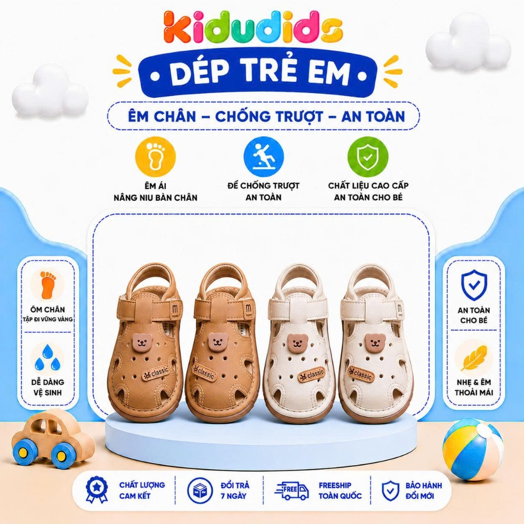 Dép Sandal Trẻ Em Size 16-20 Kidudids Chống Trượt Đế Mềm Êm Chân Quai Dán Cho Bé Trai Bé Gái Tập Đi