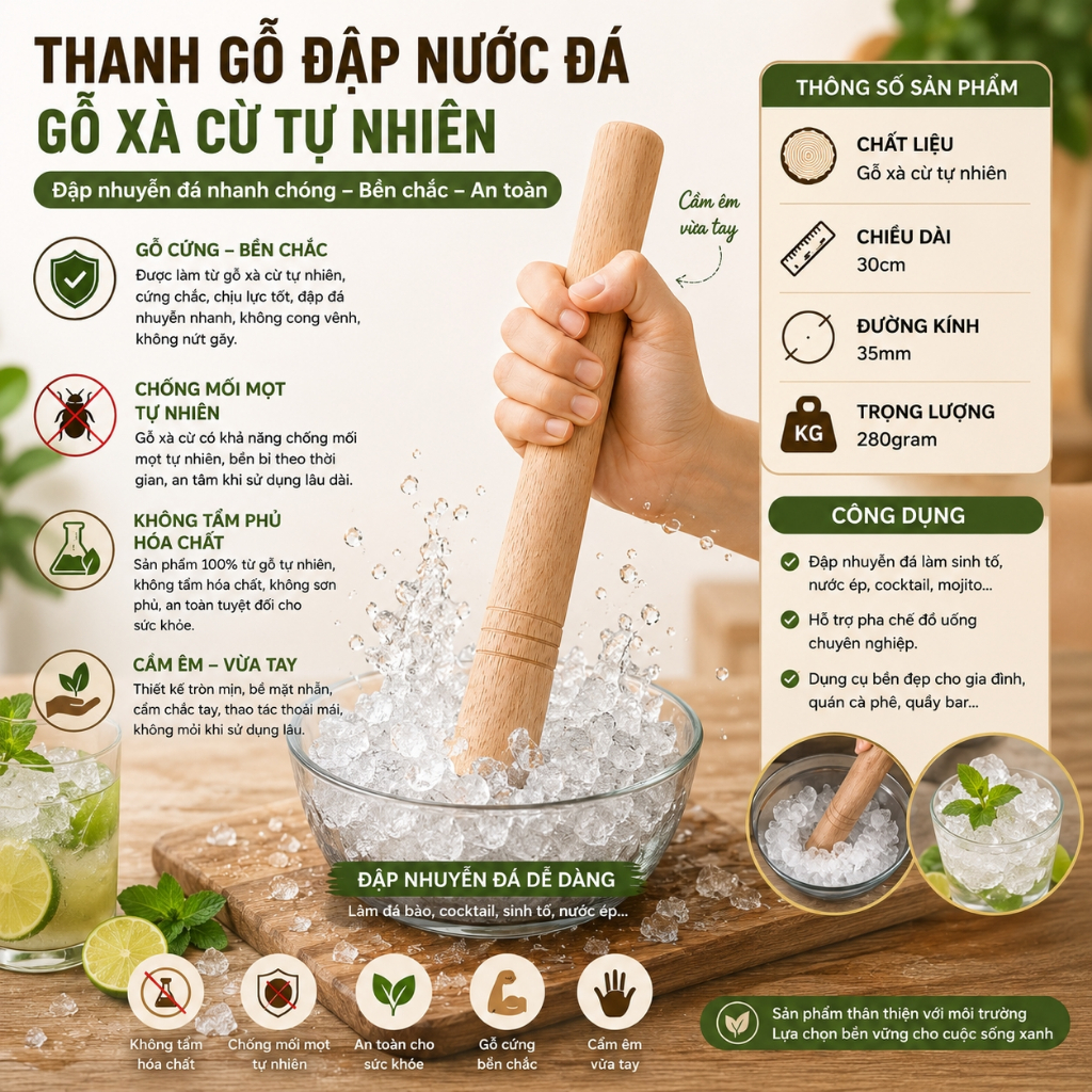 Chày Gỗ Đập Nước Đá Xà Cừ Cao Cấp 30cm, Nặng 250g Cầm Đầm Tay Cho Quán Cà Phê, Gia Đình, cán bột, đâm tiêu