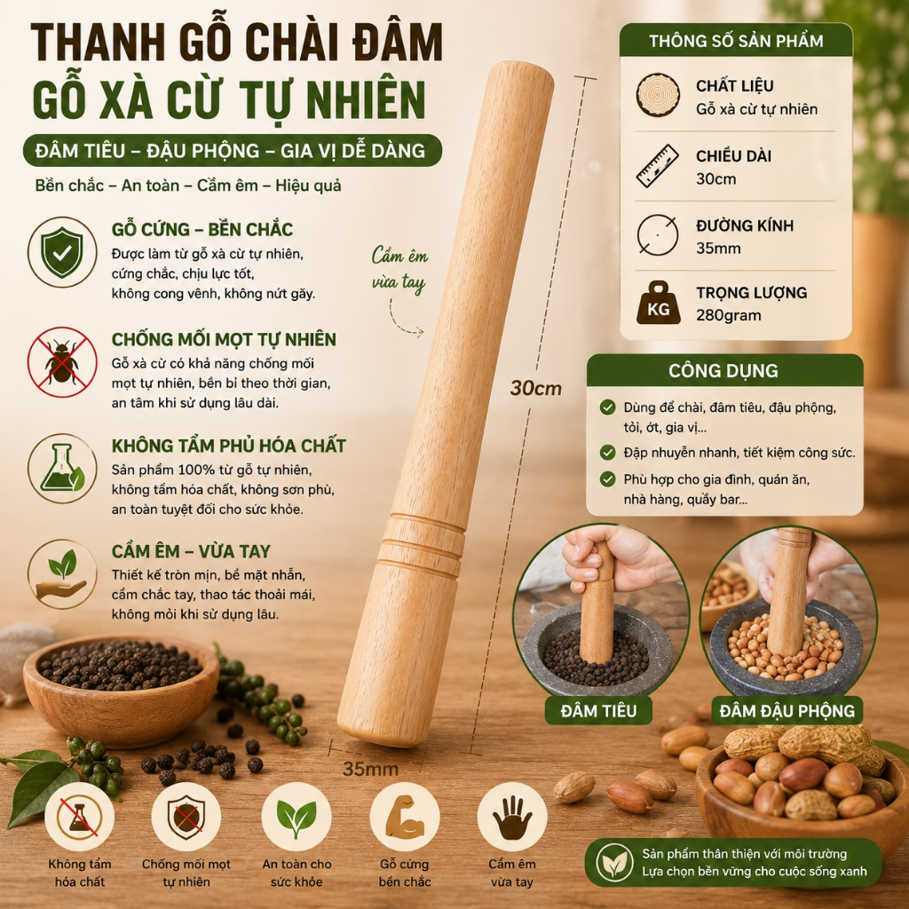 Chày Gỗ Đập Nước Đá Xà Cừ Cao Cấp 30cm, Nặng 250g Cầm Đầm Tay Cho Quán Cà Phê, Gia Đình, cán bột, đâm tiêu
