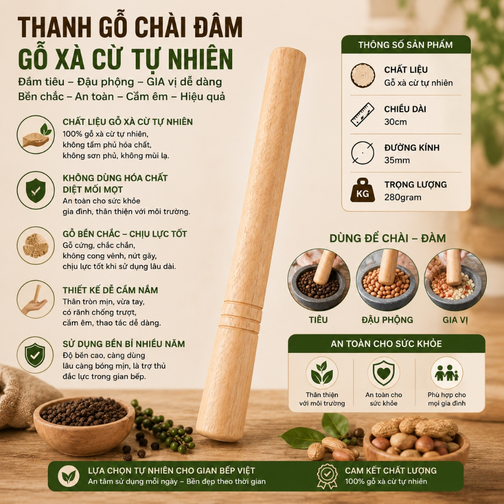 Chày Gỗ Đập Nước Đá Xà Cừ Cao Cấp 30cm, Nặng 250g Cầm Đầm Tay Cho Quán Cà Phê, Gia Đình, cán bột, đâm tiêu