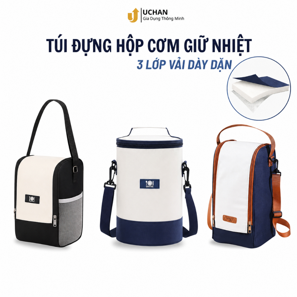 Túi đựng hộp cơm giữ nhiệt văn phòng dày dặn 3 lớp có quai xách chống...