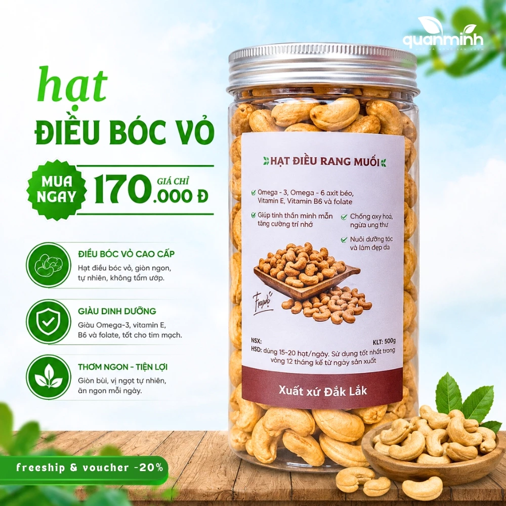 500gr Hạt Điều rang muối bóc vỏ CAOFOOD - Hạt điều A cồ xuất khẩu không vỡ, hạt ngọt bùi ăn kiêng healthy keto