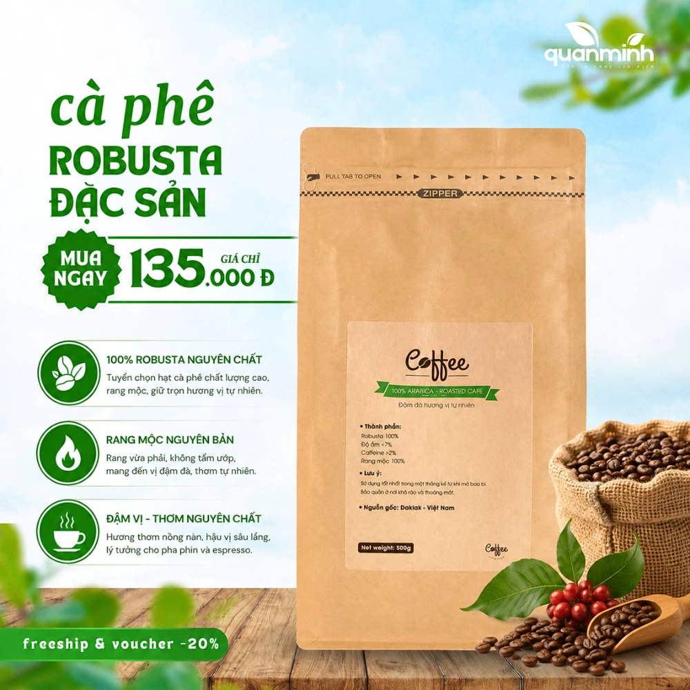 500gr Cà phê Robusta Đaklak CAOFOOD từ 100% hạt cà phê robusta chín - đặc sản chế biến ướt Tây Nguyên cao cấp