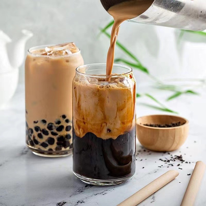 Cốc thủy tinh, ly dáng lon kèm nắp gỗ và ống hút DELISOGA cao cấp dung tích 500ml