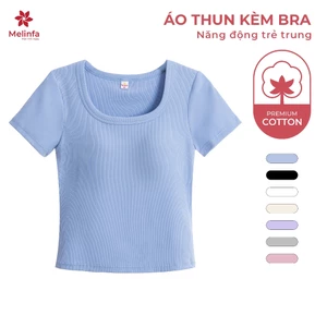 Áo thun ngắn tay nữ MELINFA có đệm mút 3D định hình nâng đỡ vải Cotton, Áo cộc tay nữ kèm bra mã VAA0541