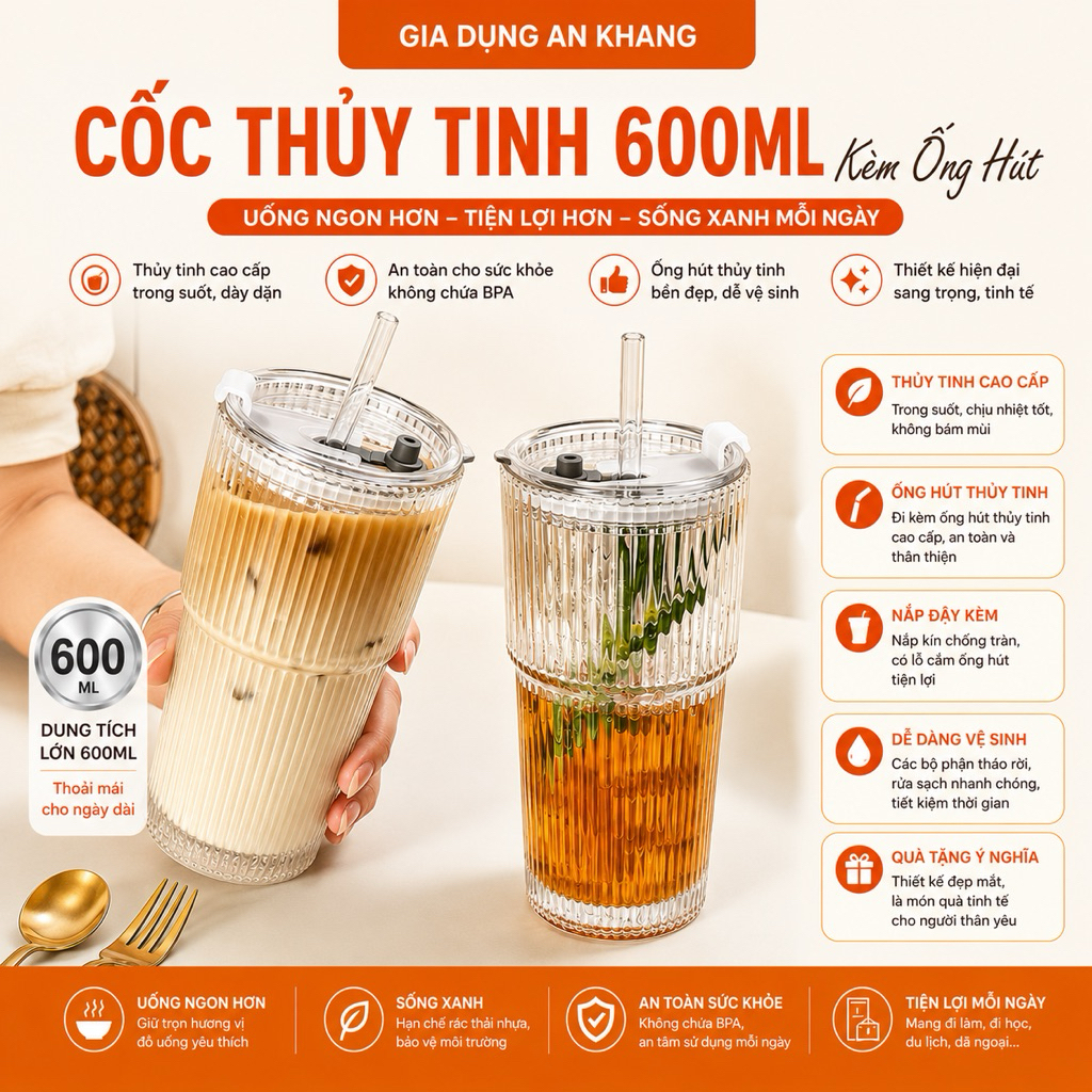 Combo 2 Cốc Thủy Tinh 600ML Vân Sọc Kèm Ống Hút – Ly Uống Nước Cao Cấp