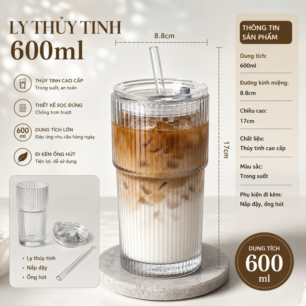 Combo 2 Cốc Thủy Tinh 600ML Vân Sọc Kèm Ống Hút – Ly Uống Nước Cao Cấp