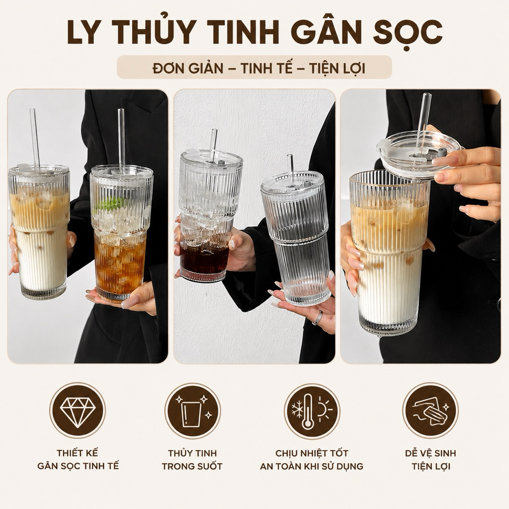 Combo 2 Cốc Thủy Tinh 600ML Vân Sọc Kèm Ống Hút – Ly Uống Nước Cao Cấp