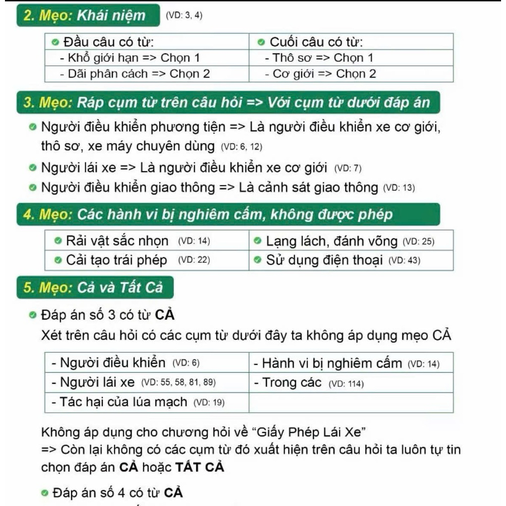 Sổ tay mẹo giải lý thuyết 250 câu hạng A1 -A