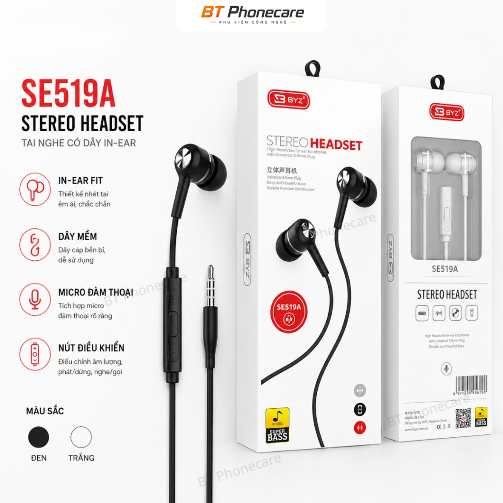 Tai Nghe BYZ SE519A Có Dây In Ear Mic Tích Hợp Nút Bấm Điều Khiển Âm Thanh Đen Trắng