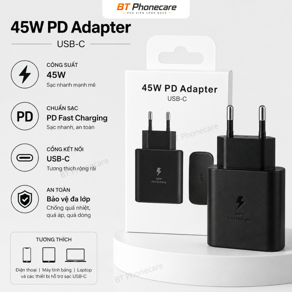 Củ Sạc 45W PD Fast Charging USB-C Kèm Cáp Type C Sạc Nhanh Ổn Định Cho Điện Thoại Và Tablet
