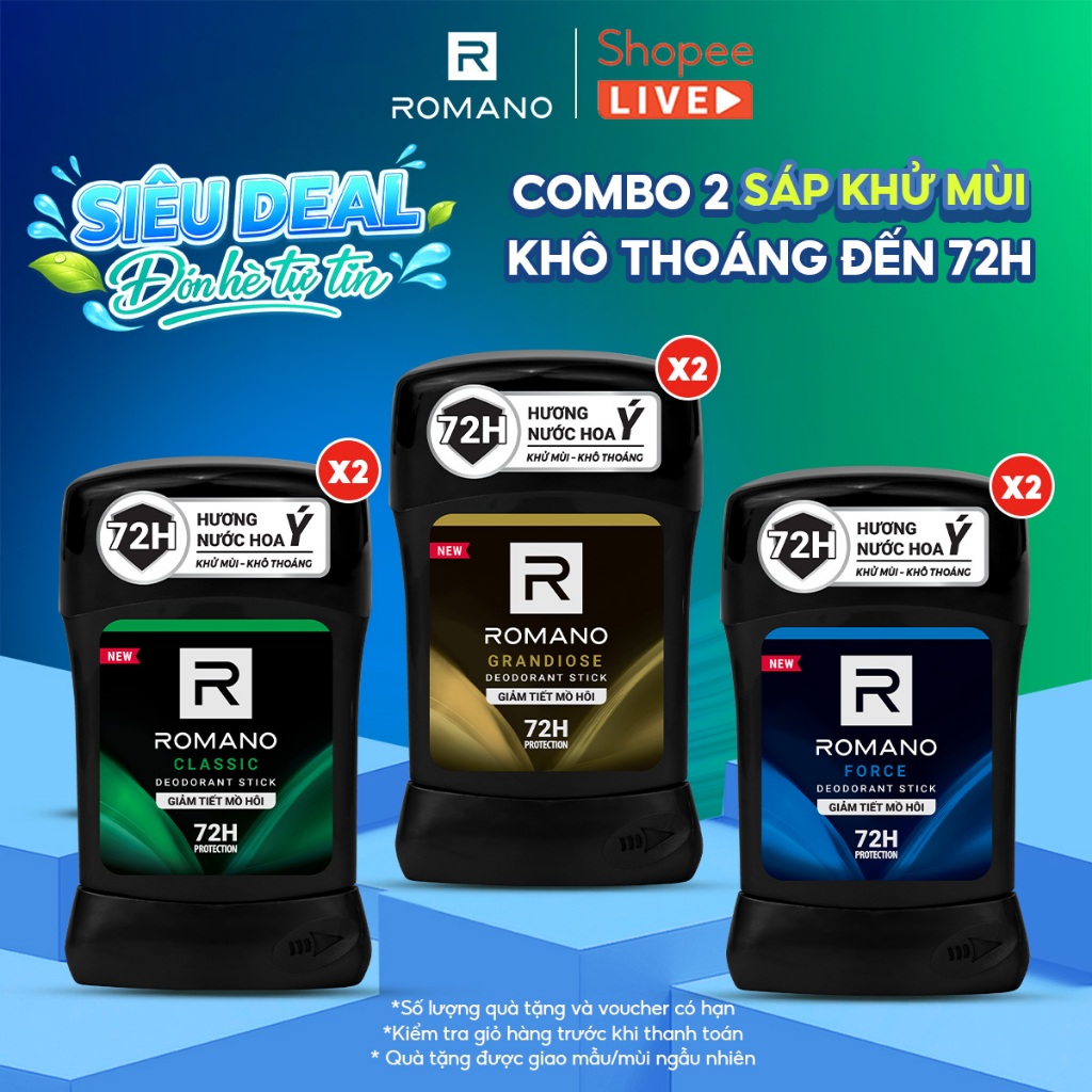 Combo 2 Sáp ngăn mùi cho nam Romano 50g - Khử mùi 72H, lưu hương Ý dài lâu - Live