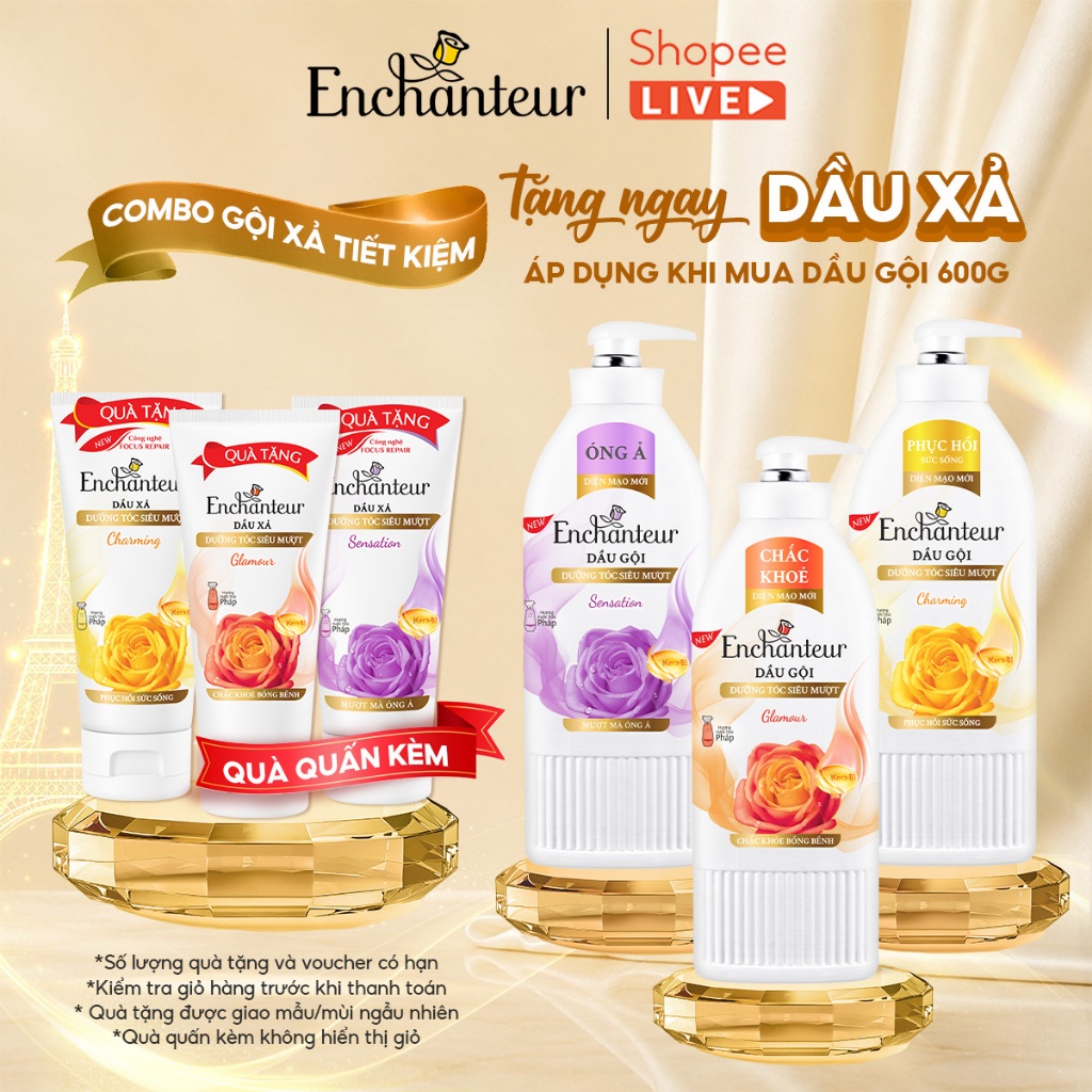 [RẺ VÔ ĐỊCH] Combo Dầu gội 600g Enchanteur tặng Dầu xả 550g dưỡng tóc mượt thơm lâu - live (quà mùi / màu ngẫu nhiên)