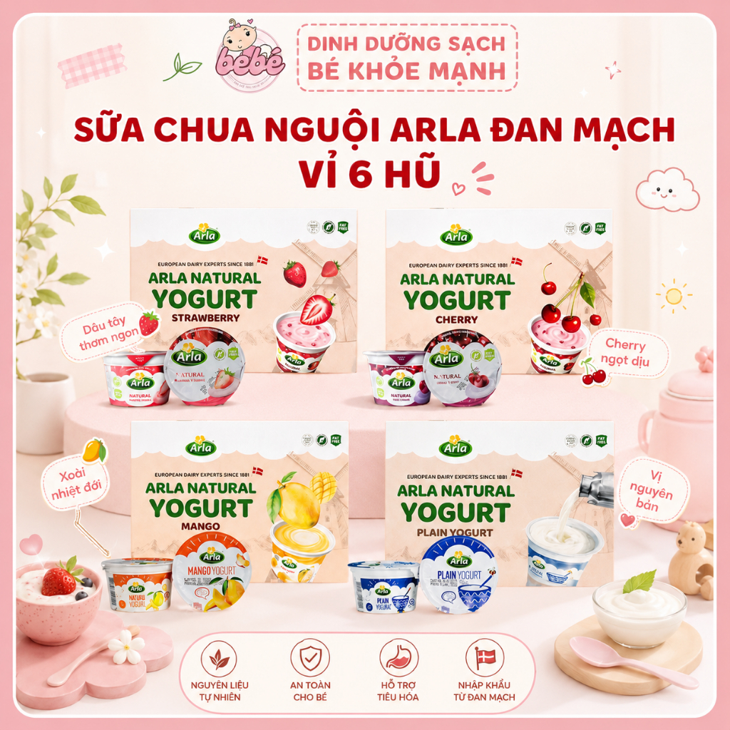 (Date Mới) Sữa chua nguội  Arla Natural Đan Mạch,  ít béo hương vị trái cây - cho bé từ 12 tháng