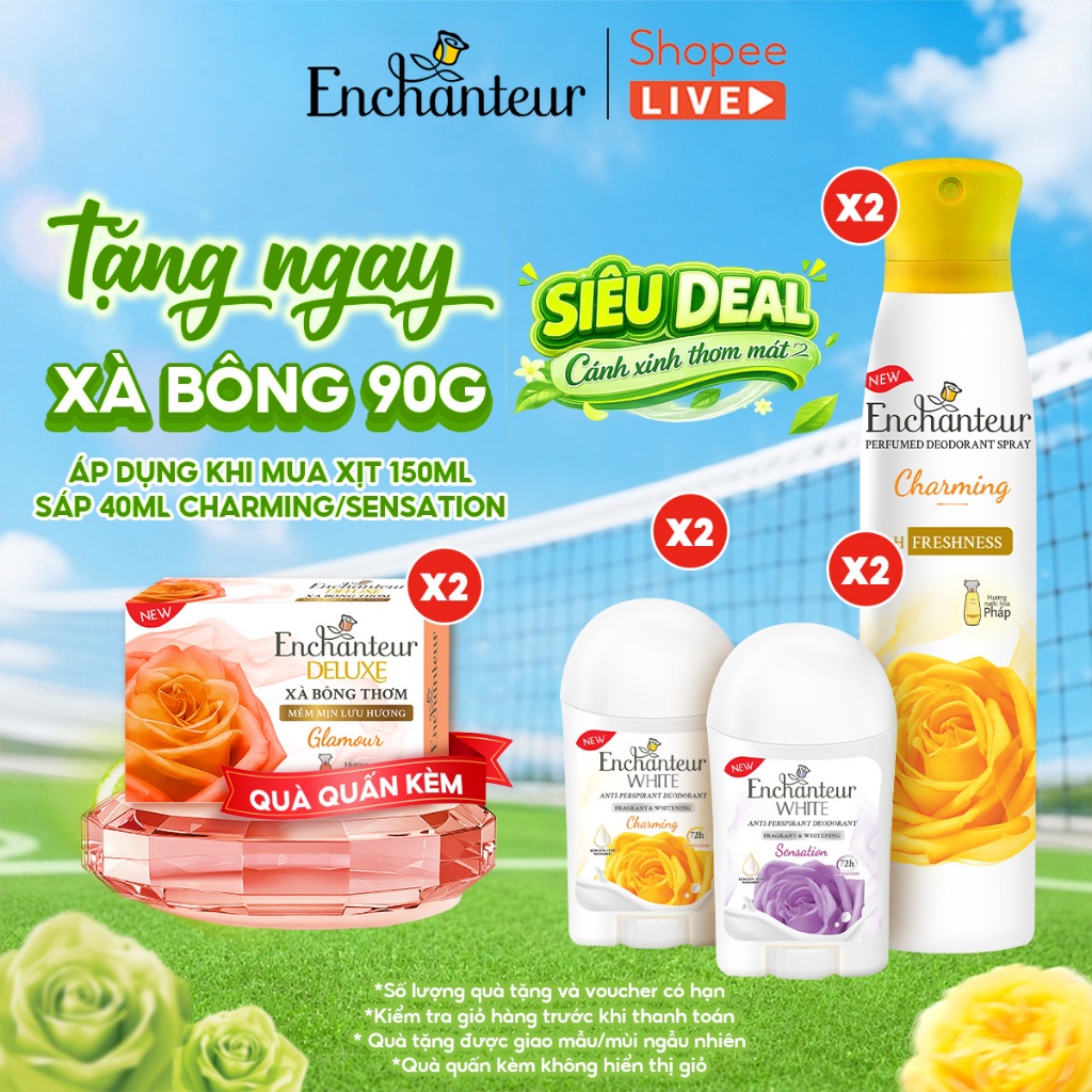 Combo 2 Xịt / Sáp khử mùi Enchanteur Charming/ Sensation/ Delightful/ Romantic 150ml - 40g / chai - Live
