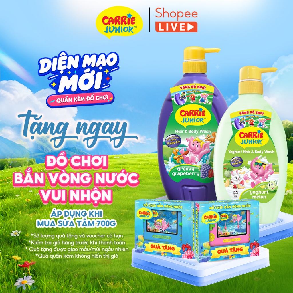 [TẶNG ĐỒ CHƠI BẮN NƯỚC] Chai Sữa Tắm Gội cho bé Carrie Junior thiên nhiên / Yoghurt 700g (Tặng màu ngẫu nhiên) - LIVE
