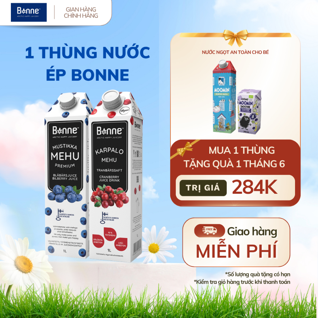 1 Thùng Nước Ép Bonne Phần Lan 12 Hộp x 1L - Nam Việt Quất - Việt Quất
