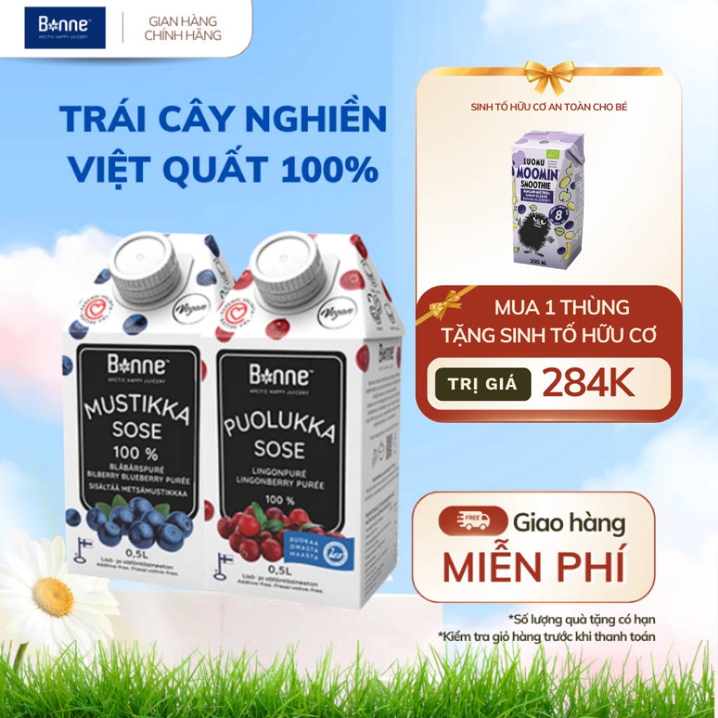 1 Thùng Trái Cây Nghiền Bonne Việt Quất & Nam Việt Quất Rừng Phần Lan 100% Tự Nhiên 6 Hộp x 0,5L