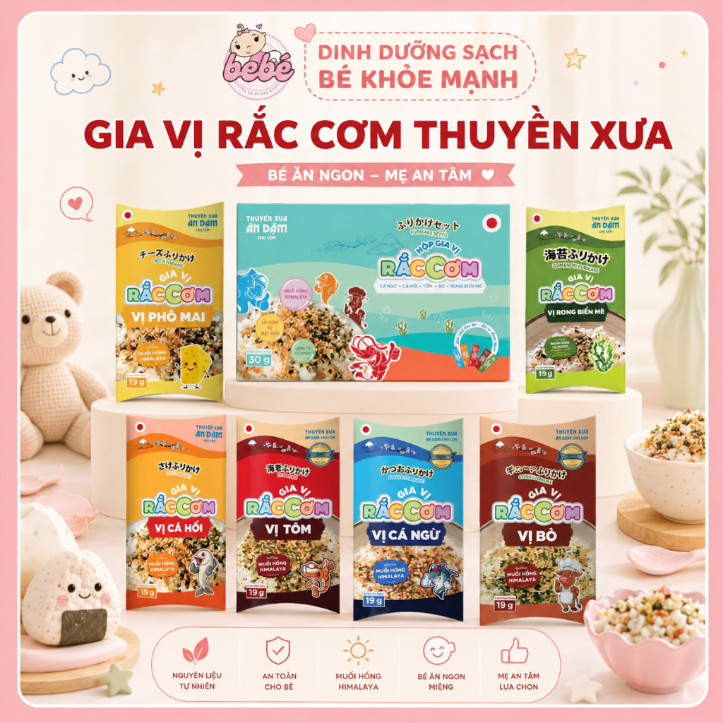 Gia vị rắc cơm Thuyền Xưa cho bé ăn dặm từ 1 tuổi. Đủ vị 19g và 30g. Nguyên liệu tự nhiên an toàn