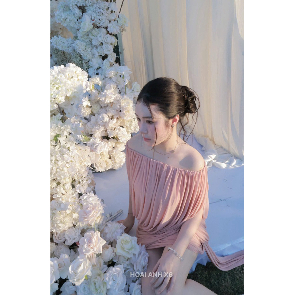 Đầm lưới trễ vai phối tà ba màu nâu - hồng - kem SM