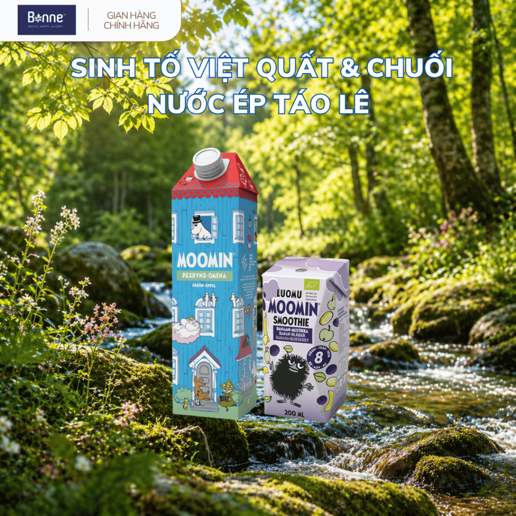 Combo Nước Ép Lê Táo Moomin 1L + Sinh Tố Hữu Cơ Bonne Blueberry Banana 200ml Cho Bé Từ 8 Tháng & Cả Gia Đình
