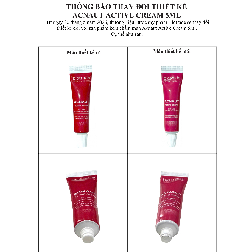 Bộ đôi giảm mụn Biotrade Acnaut Active Cream 5ml & Lotion 15ml giảm mụn sưng đỏ, mụn bọc, mụn mủ