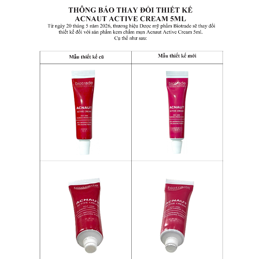Kem Chấm Mụn Biotrade Acnaut Active Cream 5ml cho da mụn viêm, mụn sưng, mụn bọc, mụn chưa lên nhân
