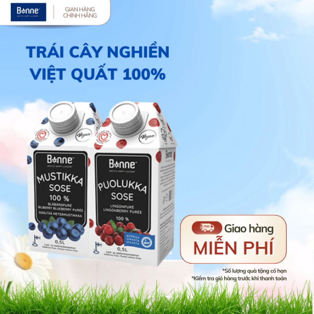 Trái Cây Nghiền Bonne Việt Quất & Nam Việt Quất Rừng Phần Lan 100% Tự Nhiên 1 Hộp x 0,5L