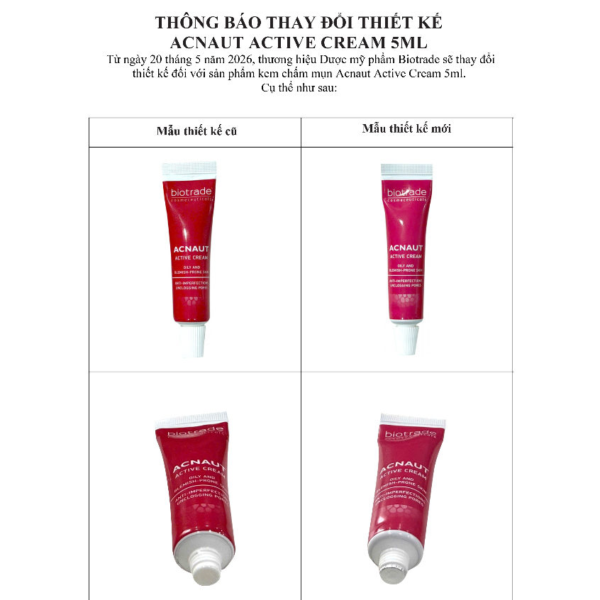 Combo 2 hộp Kem chấm mụn Biotrade Acnaut Active Cream 5ml giảm mụn sưng, mụn bọc, ngừa thâm