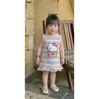Đầm bé gái in hình Hello Kitty, dáng suông thoải mái, thiết kế bèo nhún điệu đà 9-33kg
