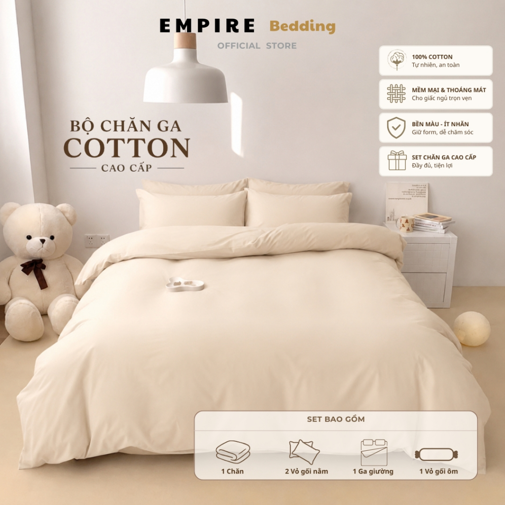 Bộ chăn ga gối đệm set 5 món cotton 100% cao cấp chăn chần bông mềm mịn thoáng mát thấm hút mồ hôi