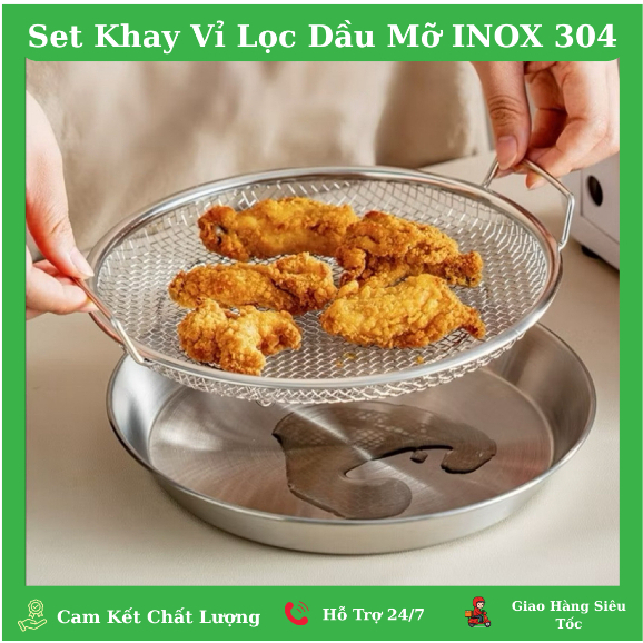 Set Khay Kèm Đĩa, Vỉ Lưới Lọc Dầu Chất Liệu INOX 304 Cao Cấp, ĐỰNG RÁO DẦU THỨC ĂN CHIÊN RÁN LỌC DẦU TIỆN DỤNG