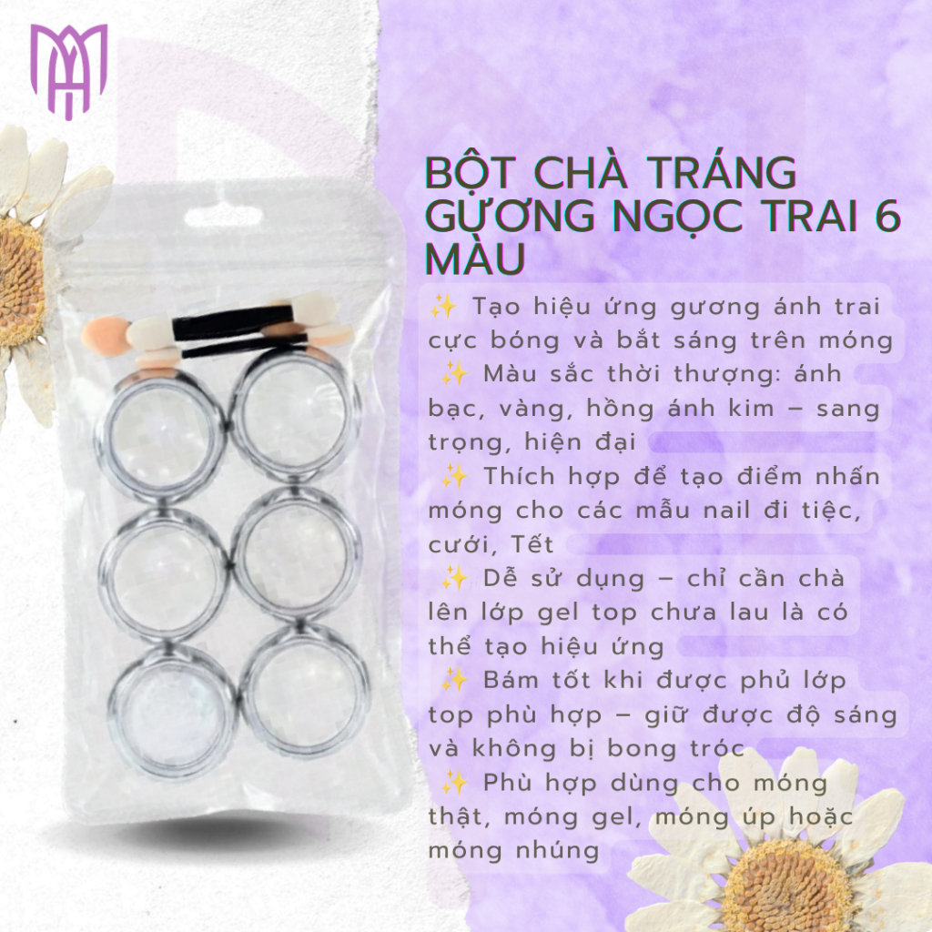 Set 6 Màu Bột Chà Tráng Gương Ánh Ngọc Trai Vỏ Sò Trắng - Tặng Kèm Cọ Chà Bột 0,2g