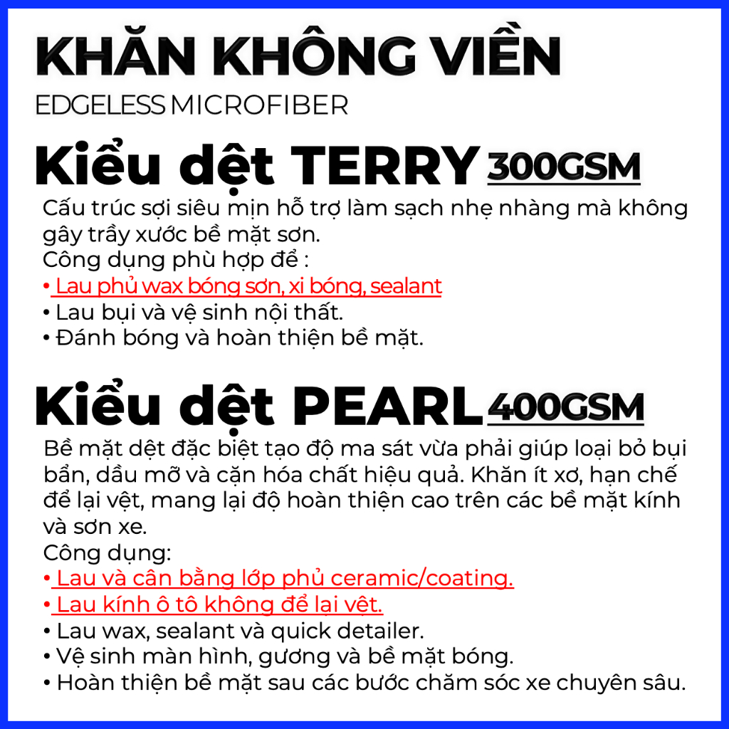 Khăn Microfiber không viền 40x40cm 300gsm và 400gsm, Khăn Microfiber EDGELESS , Khăn detaling lau phủ bóng wax, xi bóng | BigBuy360 - bigbuy360.vn