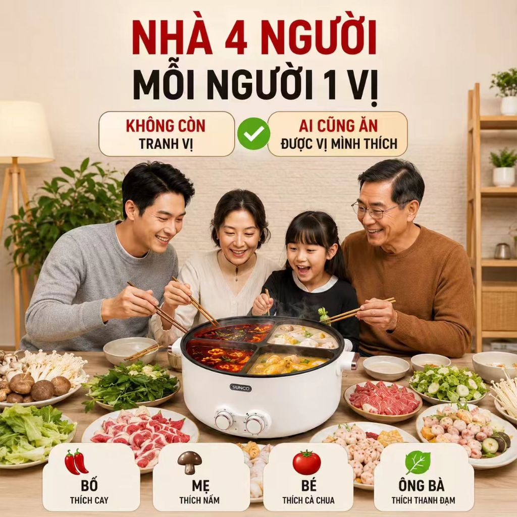 Nồi Lẩu Điện 4 Ngăn 6L 2000W 2 Núm Nhiệt Độc Lập Không Lẫn Vị Cho Gia Đình 4-8 Người