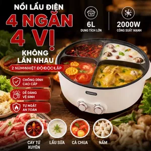 Nồi Lẩu Điện 4 Ngăn 6L 2000W 2 Núm Nhiệt Độc Lập Không Lẫn Vị Cho Gia Đình 4-8 Người